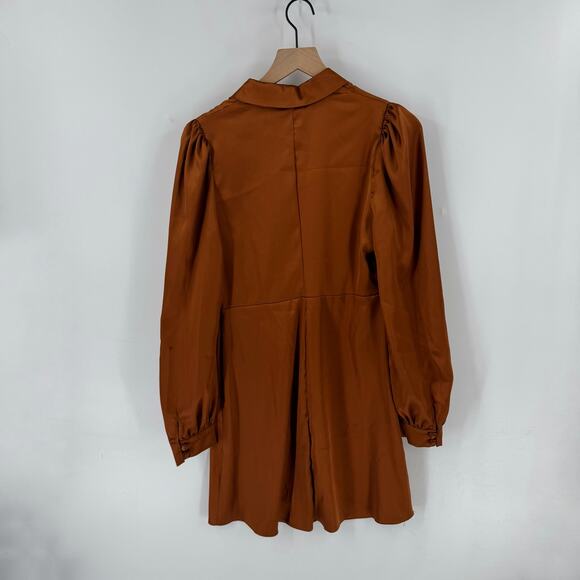 ASOS Rust Satin Mini Dress Size 6 Collared Deep V Neck Fall Party Dress Babydoll - Picture 2 of 6